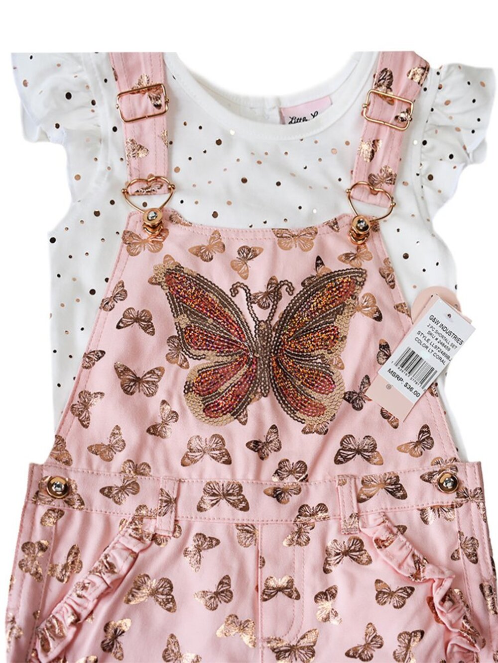 Little Lass Girls 2-Piece Set Denim Ruffled Overall Romper Shorts Shirt Coral - Picture 3 of 5